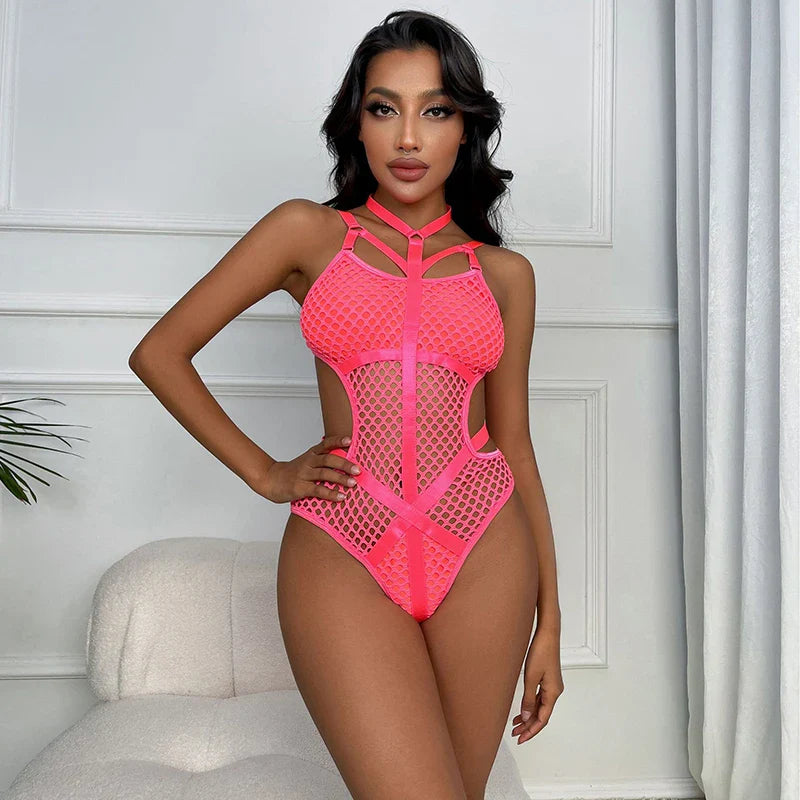Ellolace Sheer Knit Fish Net Mesh Bodysuit Women Sexy Goth Lingerie Overalls Hollow Out Sleeveless Body Black Lace Top