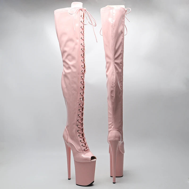 23CM/9inches Patent Upper Women Fashion High Heel Platform Open Toe Thigh High Boots Pole Dance Boot