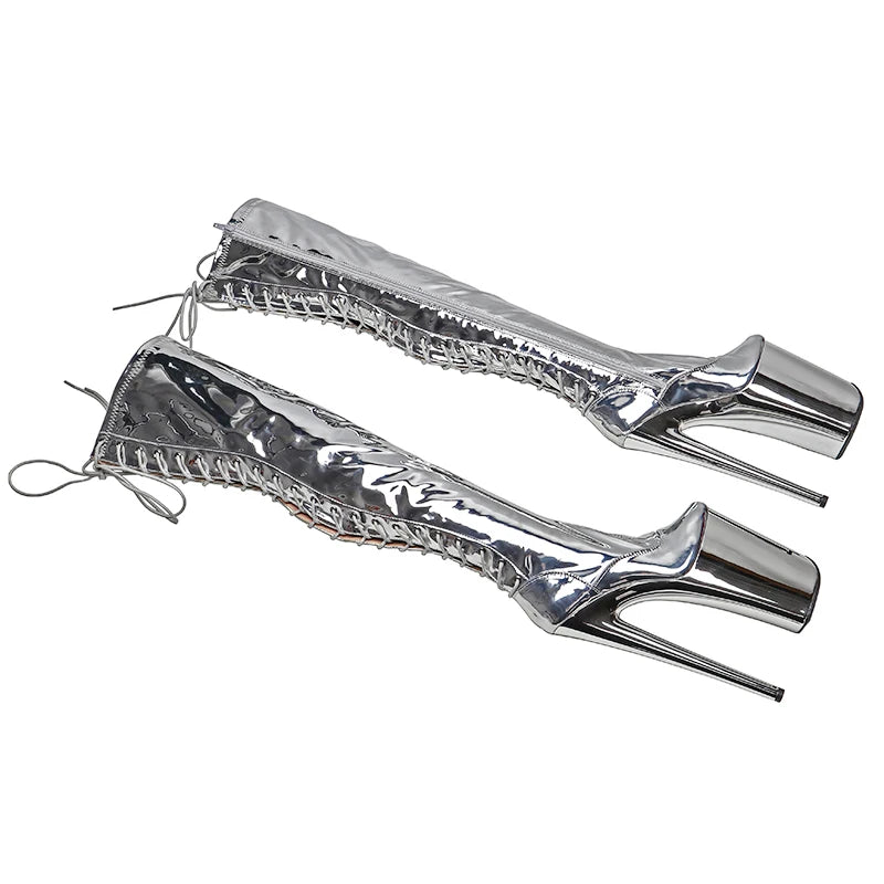 23CM/9inches Shiny PU upper y boots Small Open Toe Silver electroplate High Heels Platform Pole Dance shoes