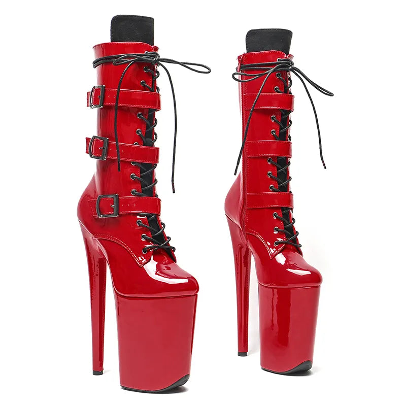 23CM/9inches Patent Upper High Heels Platform Mid Calf Boots Lace Up y Pole Dancing Boot