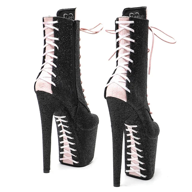 20CM/8inches Black with Pink Glitter Upper Fashion and trends High Heel platform Pole Dance boot