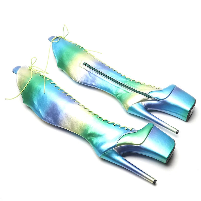 20CM/8inches Colorful PU Upper Women y Pole Dance Shoes High Heel Platform Lace up Thigh High Boots Pole Dance Boots