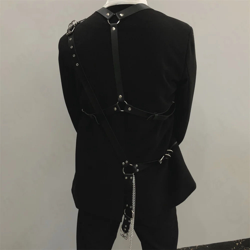 Gay Men Harness One Shoulder Back PU Leather Harness Body Chain Harness Carnival Costumes Rave Outfit Festival Wear