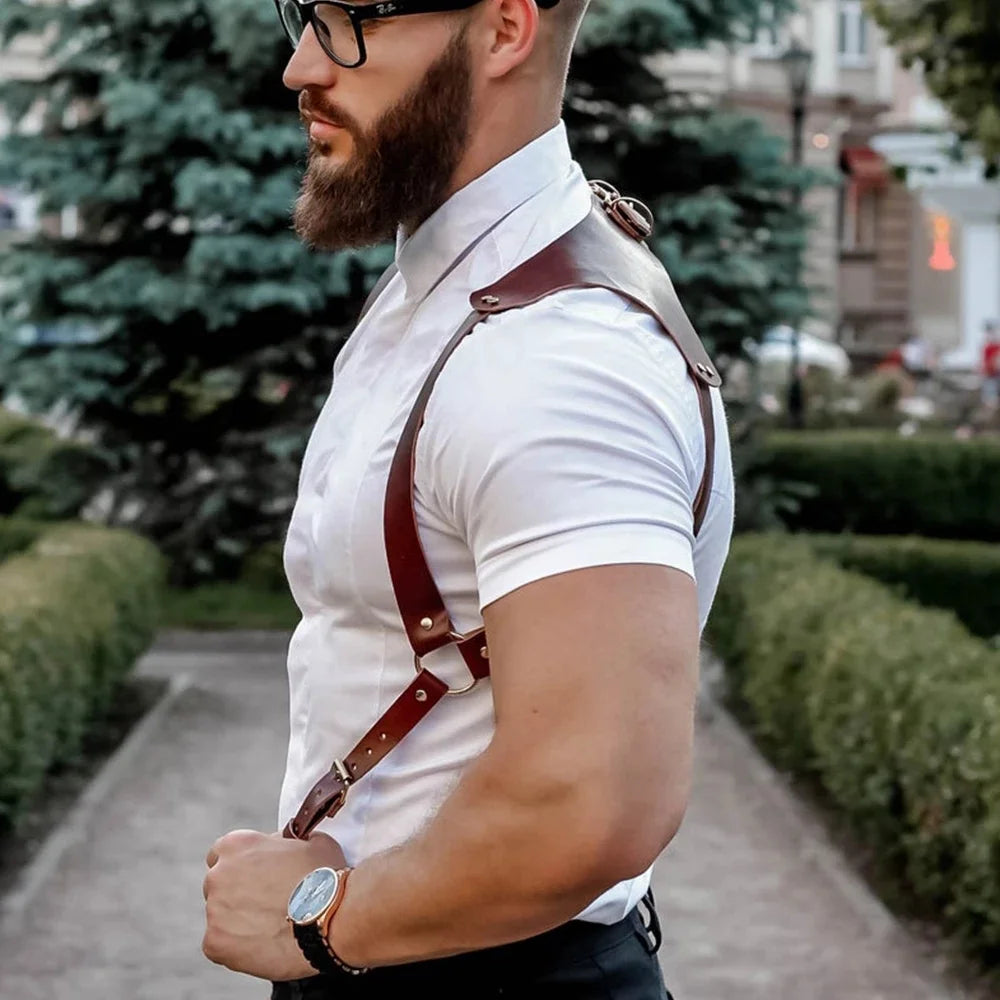 Men's Suspenders Vintage Brown PU Leather Straps Braces Suspender Men Harness Punk Chest Shoulder Belt Strap Apparel Accessories