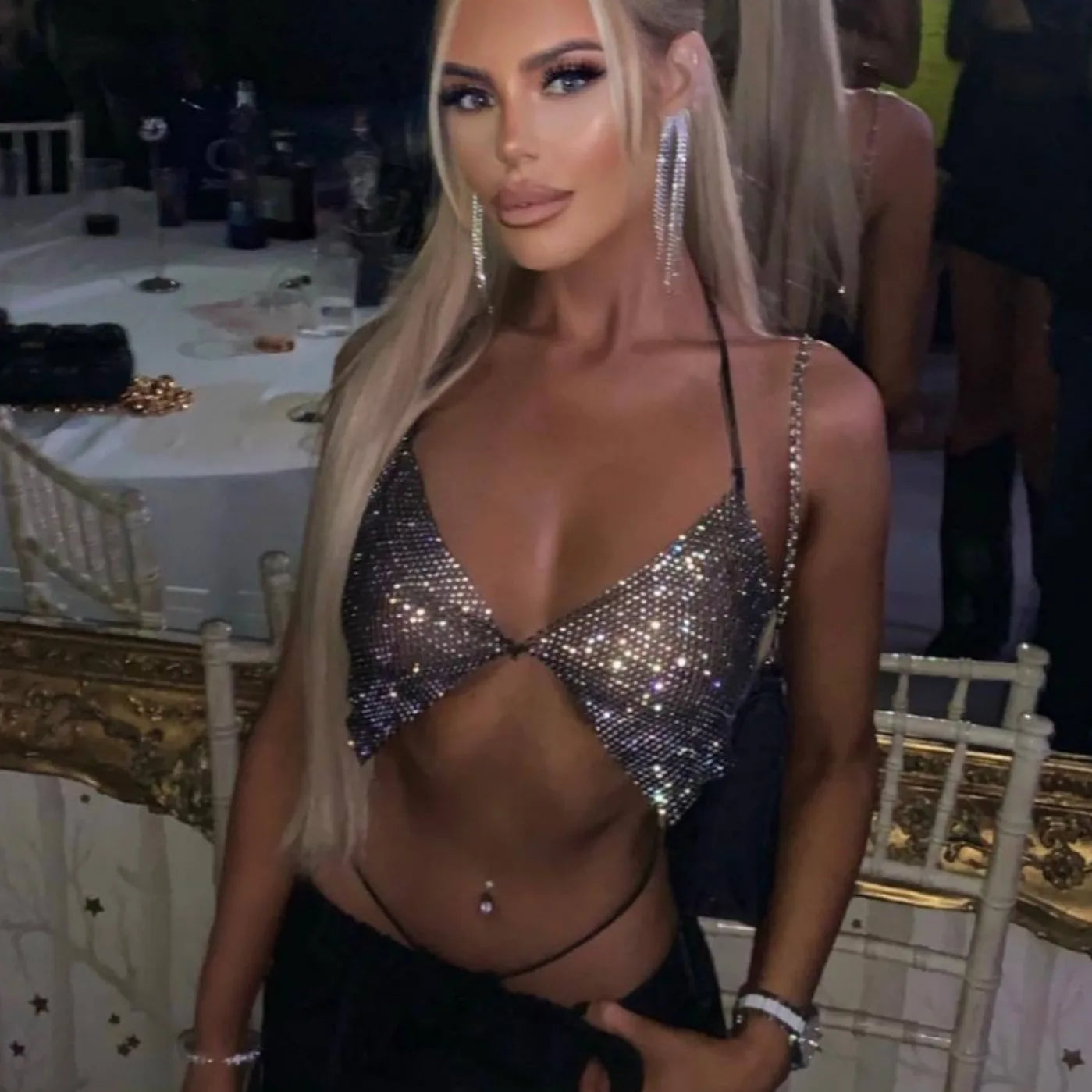 Woman Tops Brilliant Crystal Rhinestone Bra Women 2024 Sexy Deep V Neck Halter Backless Night Club Diamond Bras Top For Lady