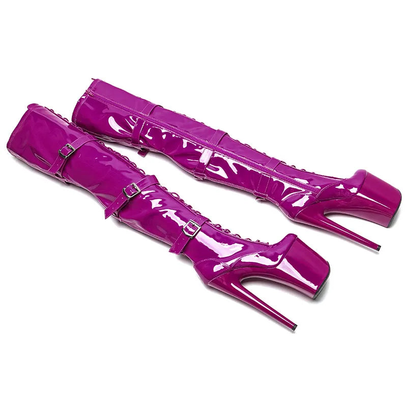 20CM/8inches Patent Upper Women Fashion High Heel Platform Lace Up Thigh High Boots Pole Dance Boots