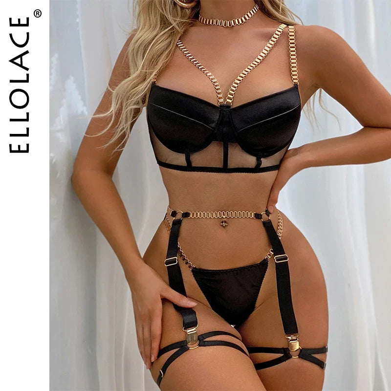 Ellolace Lingerie With Chain Strap Sexy Porn Underwear Women Body 6-Piece Sensual Erotic Sets Fine Intimate Garter Sexy Outfit