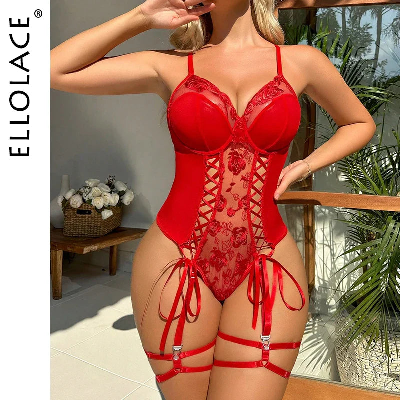 Ellolace Valentine's Day Fantasy Bodysuit Delicate Lace Embroidery Female Body Transparent Lace Sexy Tops Sissy Crotchless Body