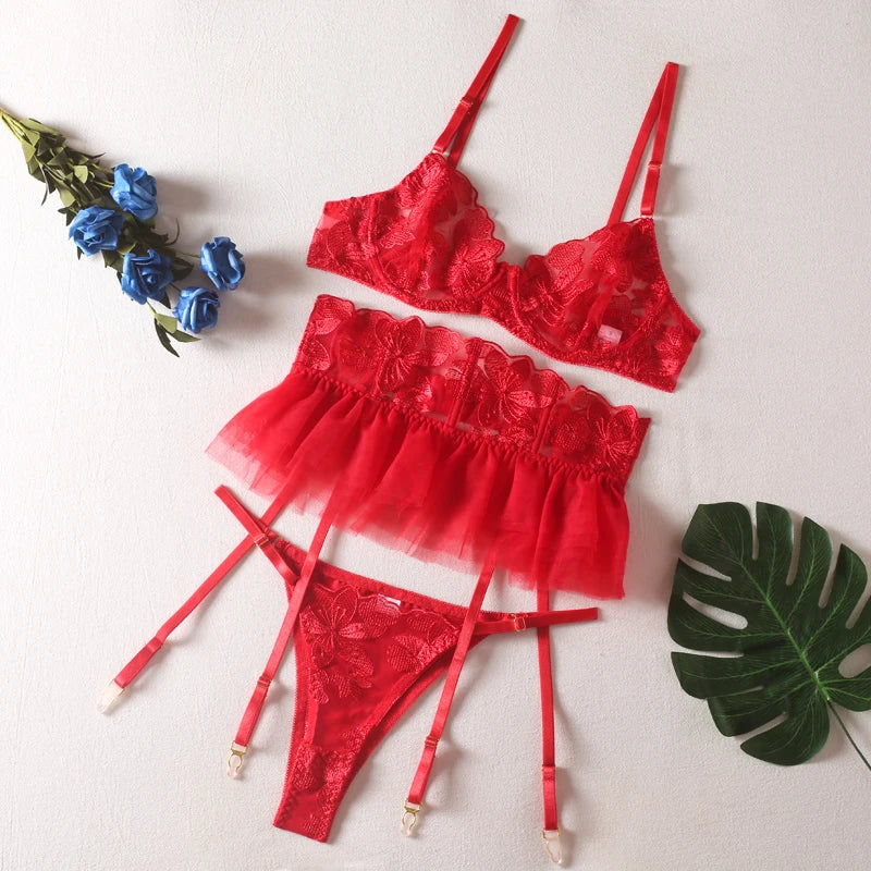 Fancy Lingeries Luxury Lace Women's Underwear 3-Pieces Transparent Round Matching Intimate Free Shipping