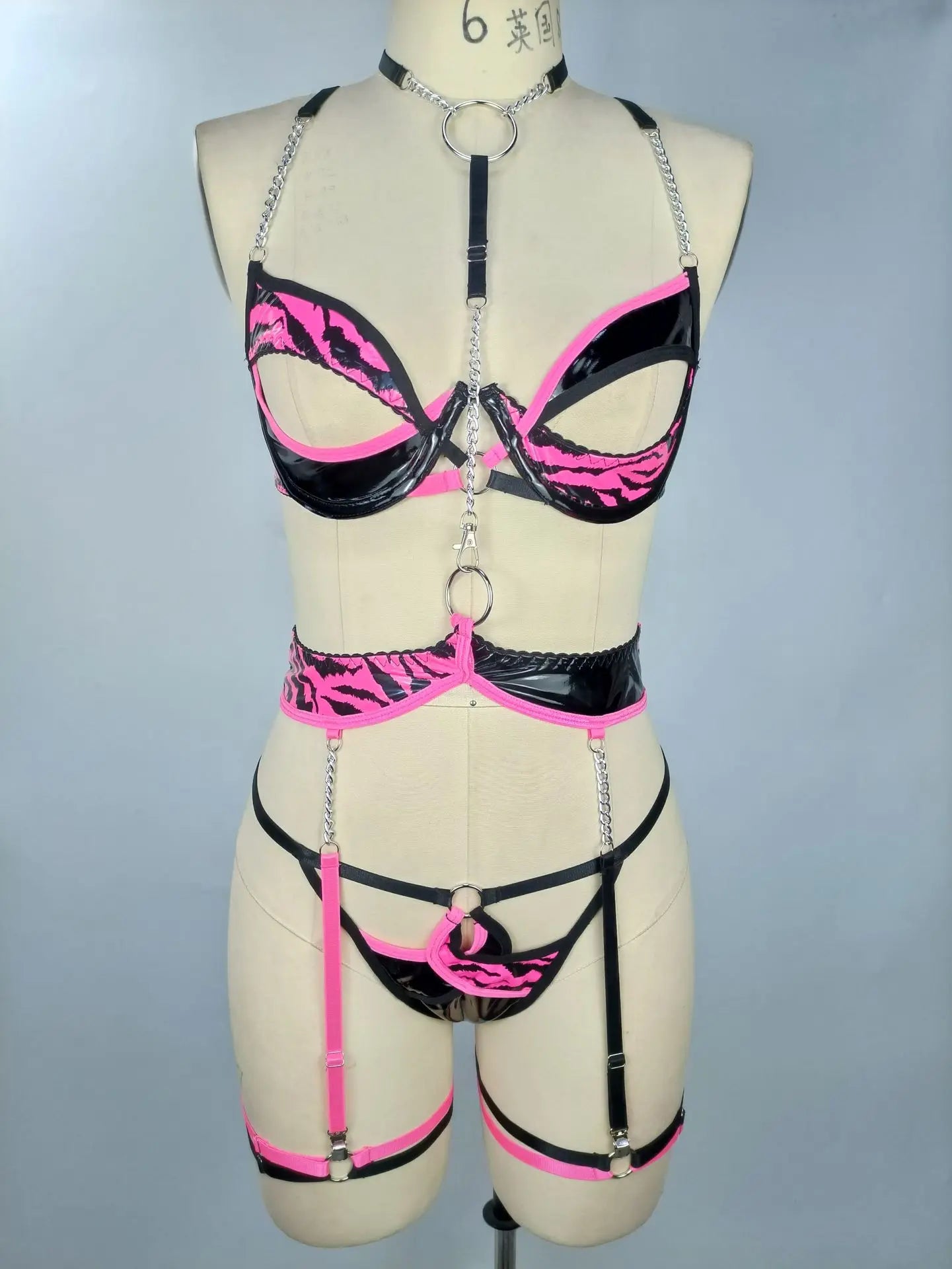 Zebra Leather Lingerie Hollow Out Bra Kit Push Up Sensual Halter Garter Belt Set Contrast Color Exotic Outfits