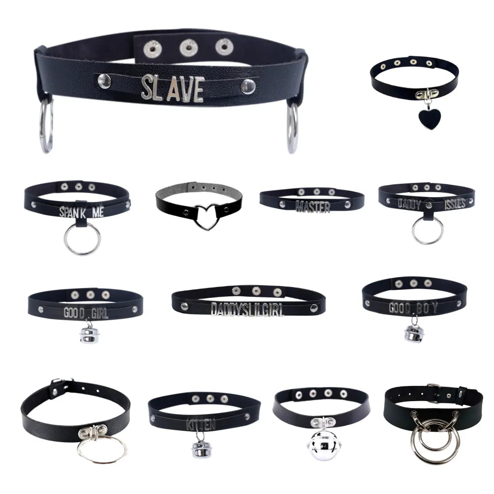 Black Goth Choker Necklace For Women Punk Spike Rivet Round Heart Bell Belt Necklaces Collar Cosplay Chocker Gothic Accessories