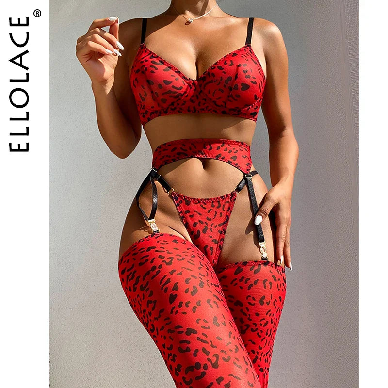 Ellolace Leopard Lingerie For Women Lace Set Of Underwear With Stockings 4-Pieces Erotic Thongs Garter Fancy Matching Outfit