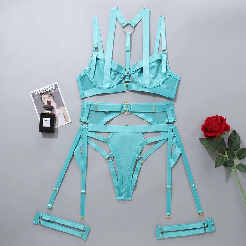 Lingerie Fancy Underwear Garter Belt 4-Piece Intimate Goods Halter Bra With Bow Seductive Exotic Brief Sets