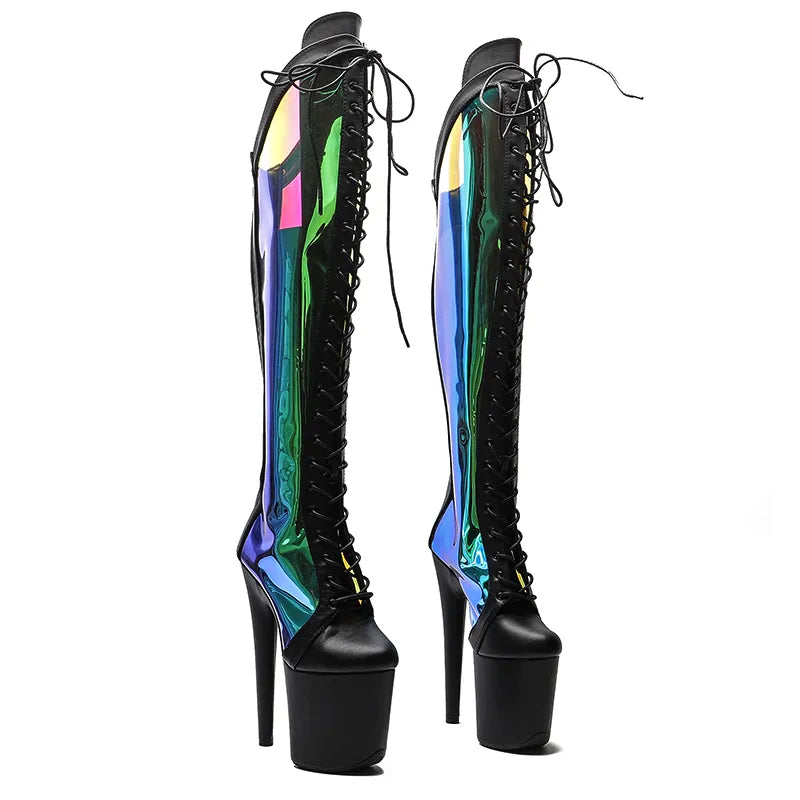 20CM/8inches matte upper Women New Design Extreme High Heel Dancing Stripper knee high Shoes Platform Lace-up 5B