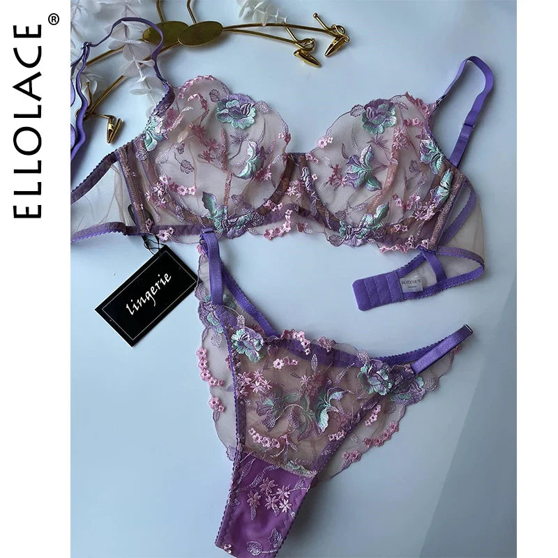Ellolace Floral Fancy Transparent Bra Romantic Lingerie Sexy Bilizna For Sex Set Lace Erotic See-Through Underwear
