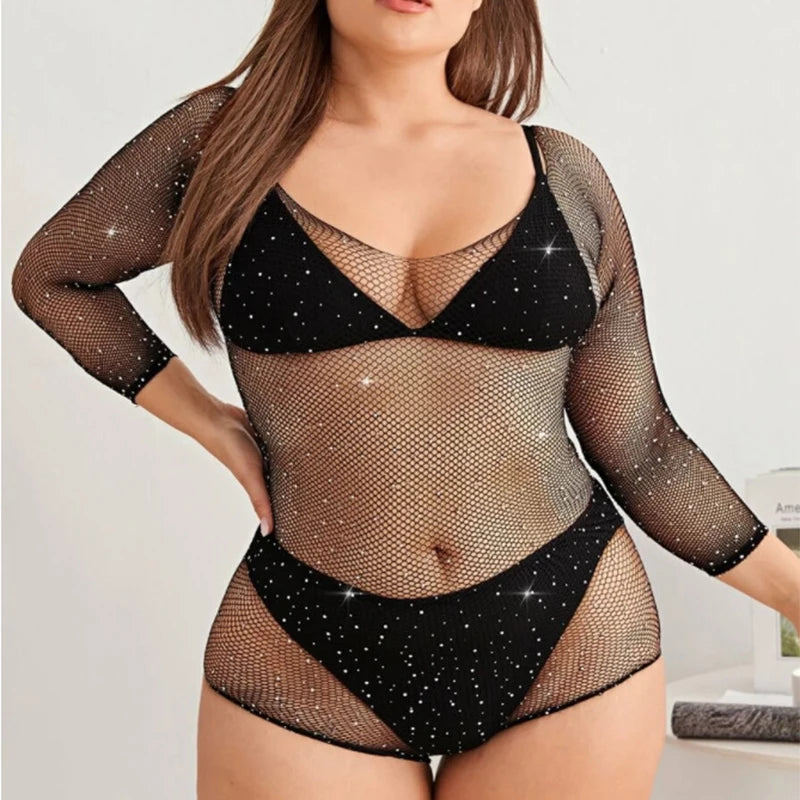 Plus Size Lingerie Bling Rhinestone Fishnet Bodysuit Transparent Dress Women Mesh Tights Exotic Outfits For