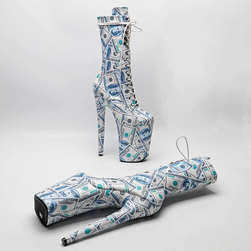 23CM/9inches dollar pattern Extreme High Heels Platform Boots Lace Up y Pole Dancing Ankle Boots women boot 4B