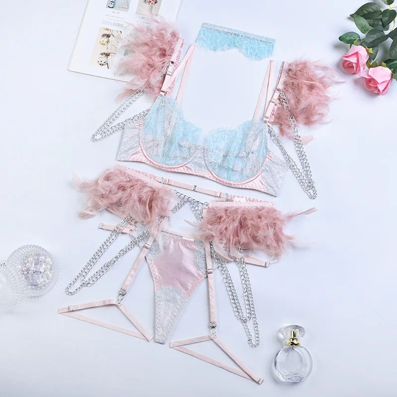 Feather Lingerie For Women Underwear Uncensored 18 Tulle Bra With Chain See Through Delicate Lace Garter Outfits