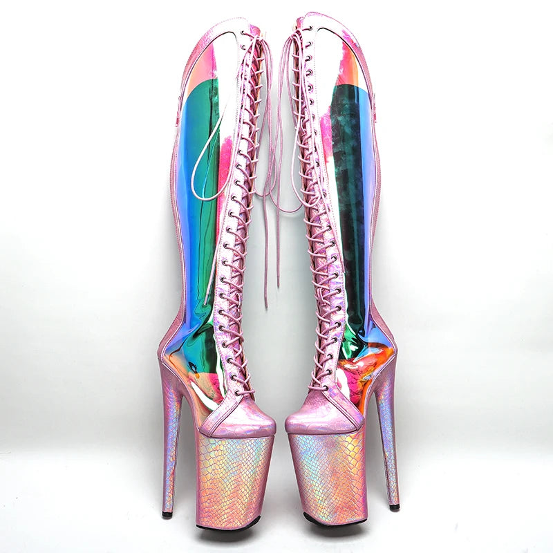 23CM/9inches Snake Pink holographic Upper fashion lady High Heel platform Pole Dance boots