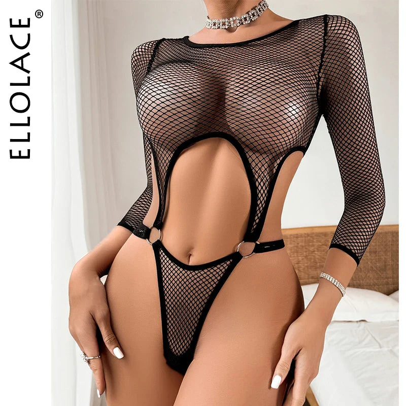 Ellolace Fishnet Body Suit Long Sleeve Crotchless Sexy Women's Outfit Erotic Sexy Hot Lingerie Transparent Sissy Cut Out Body