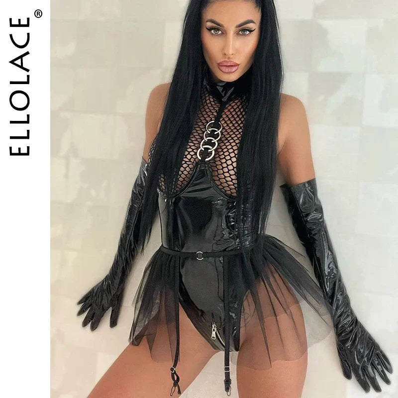 Ellolace Porn Fishing Net Latex Bodysuit Ruffle Garters Halter Sexy Costume 2-Piece Sissy Zipper Open Crotch Leather Body Teddy