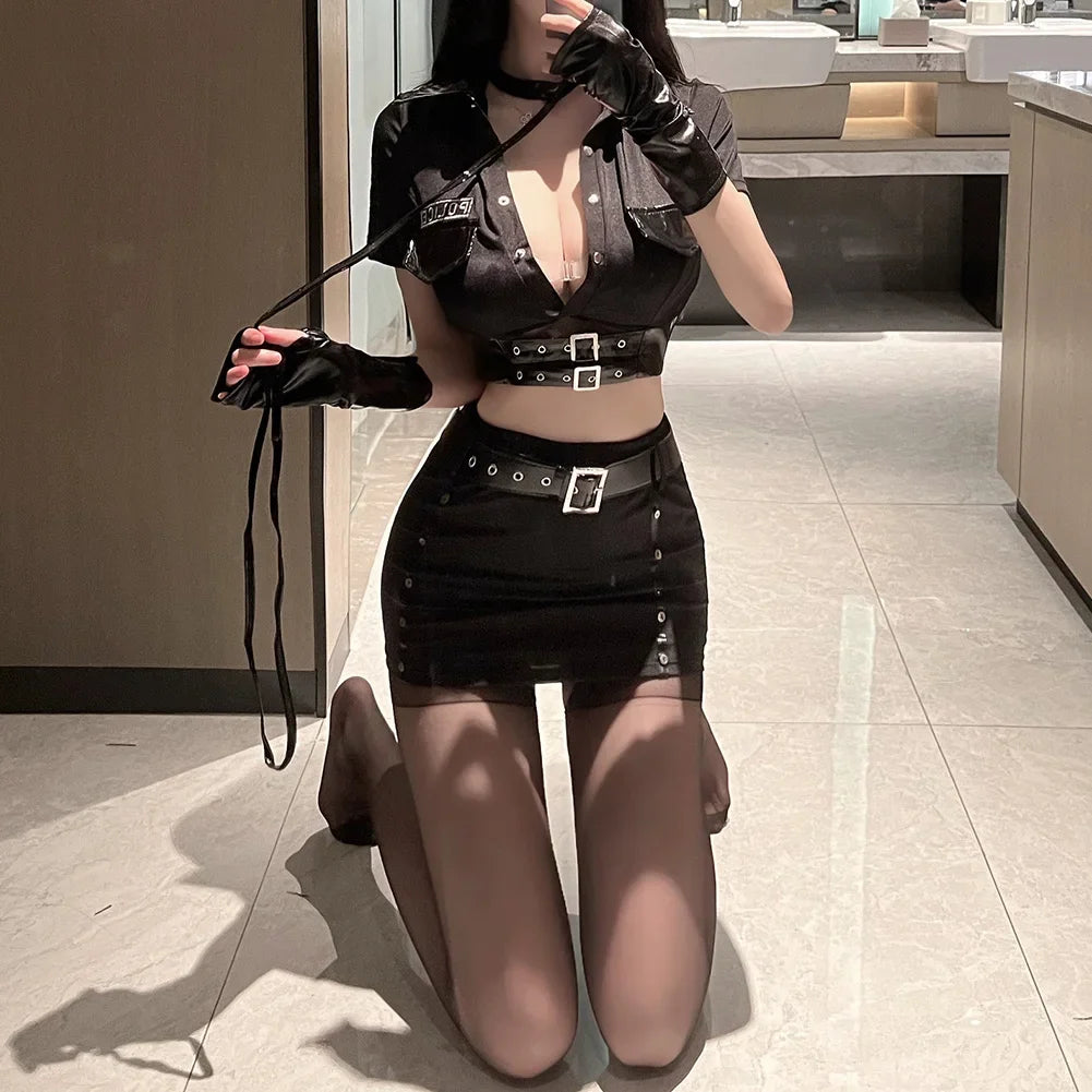 Women Seductive Cosplay Uniform Deep V Top Mini Hip Wrap Skirt Optional Set Temptation Costumes Black Outfit