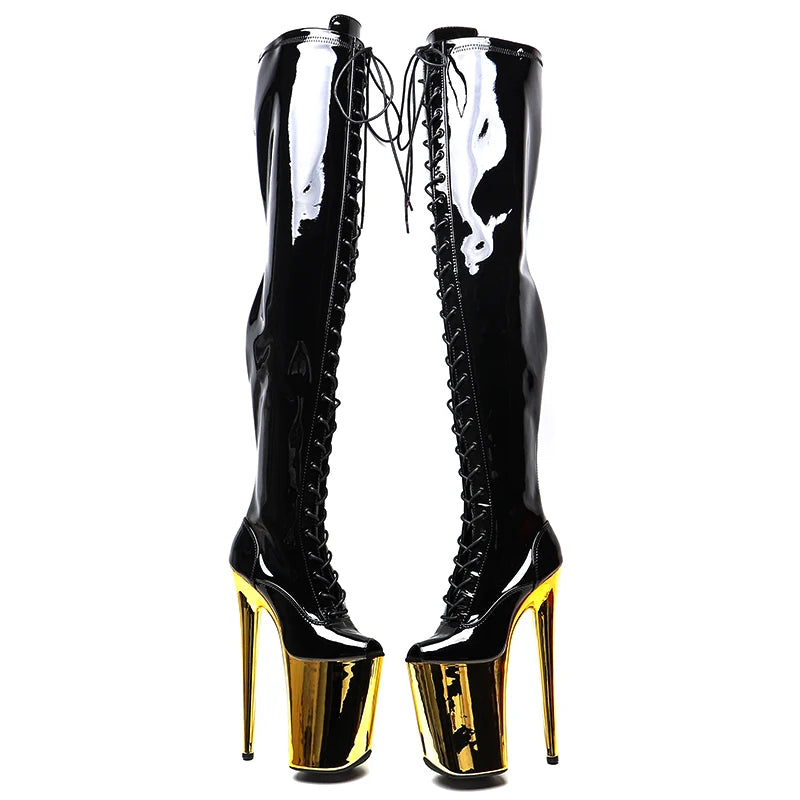 23CM/9inches Patent PU upper y boots Open Toe Gold electroplate High Heels Platform Pole Dance shoes