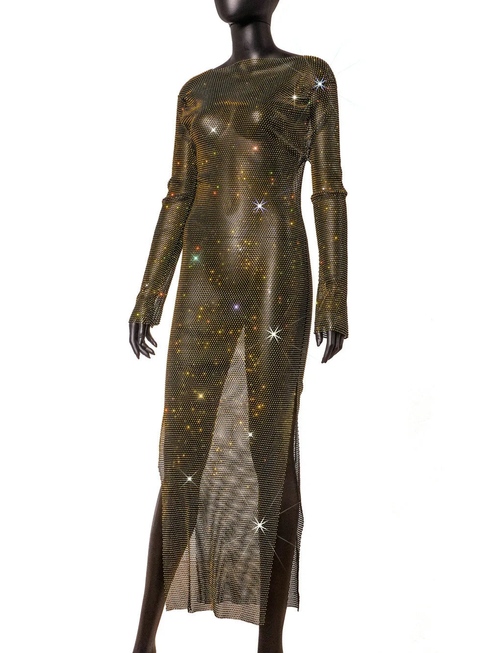 Shiny Rhinestone See Through Mesh Dress Women Sexy O Neck Split Long Sleeve Party Dresses Nightclub Cocktail Ladies Dress