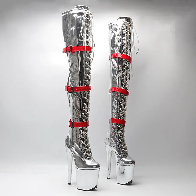 20CM/8inches Women New Extreme High Heel Lap Dancing Stripper Shoes Platform belt buckle thigh high boots 5B