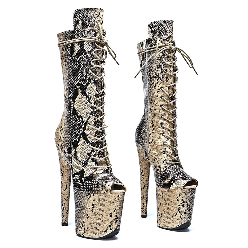 20CM/8Inch Snake PU Small Open Toe Platform Disco Party High Heels Mid Calf Boot Pole Dance Boot