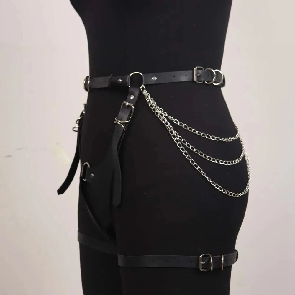 ock y Layered Body Chains Punk Leather Harness Strap Gothic Garter Belt Women Lingerie Accessories Rave