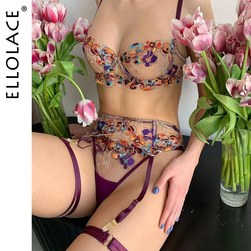 Ellolace Lingerie Sexy Transparent Porn Underwear Women Body Sexy 5-Piece Intimate Woman Pig Lace Floral Fancy Garter Belt Set