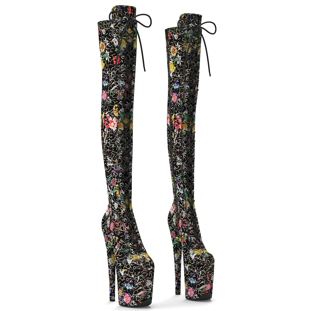 20cm/8inches y Trend Fashion Exotic Flower Pattern Women High Heel Platform Thigh High Boots Pole Dancing Boots