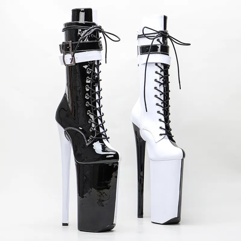Chaussures de soirée en PU verni noir et blanc, 26CM/10 pouces, chaussures exotiques à talons hauts, bottes de danse pôle