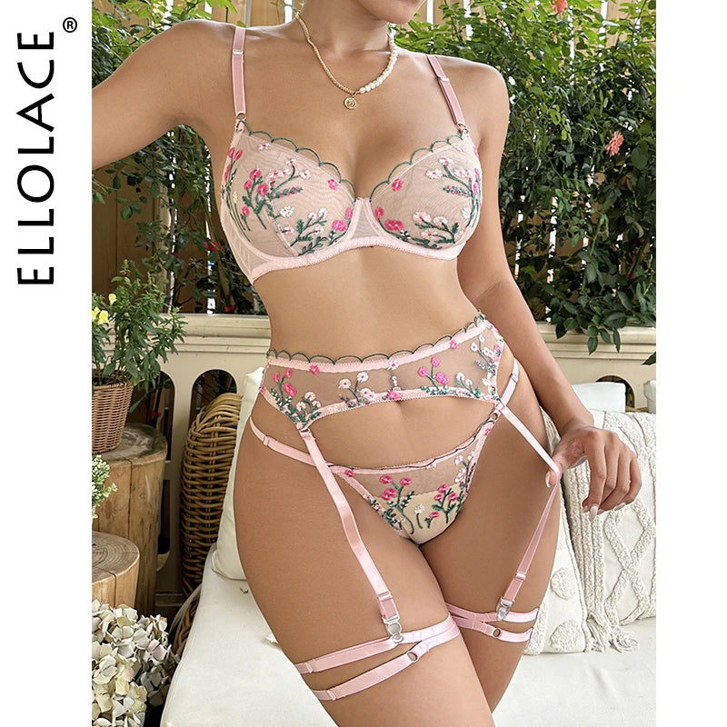 Fairy Lingerie Floral Transparent Bra Fancy Underwear Delicate Lace Garter Belt Set Valentine Holiday y Intimate