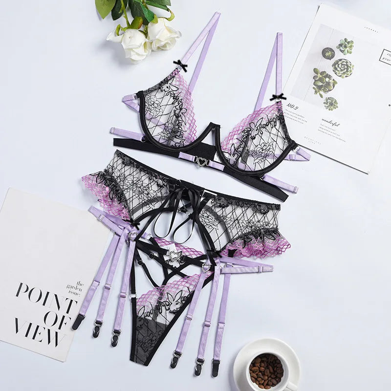 Fancy Lingerie Underwear Uncensored Luxury Lace Transparent Bra Ruffle Garters Thongs 3-Piece y Fine Intimate