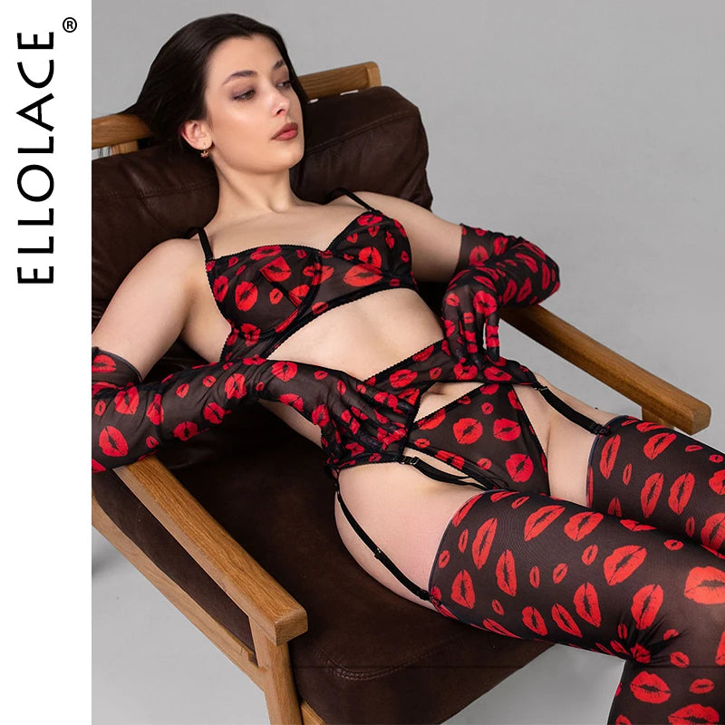 Red Lips Lingerie Sensual Lace Underwear 5-Piece Transparent Bilizna Set Seamless Intim Goods Fancy Exotic Set