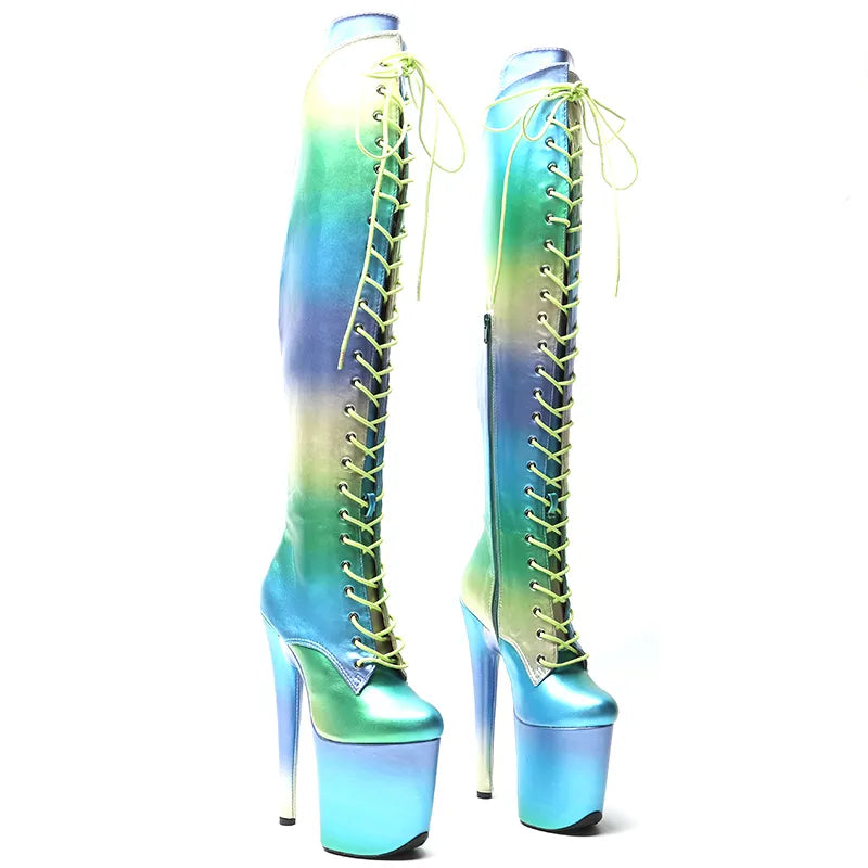 20CM/8inches Colorful PU Upper Women y Pole Dance Shoes High Heel Platform Lace up Thigh High Boots Pole Dance Boots