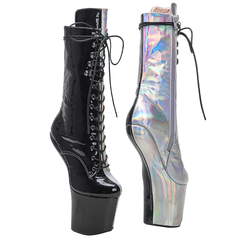shinny Black with silver PU Upper Platform Ankle Boots y Exotic heelless pole dance shoes