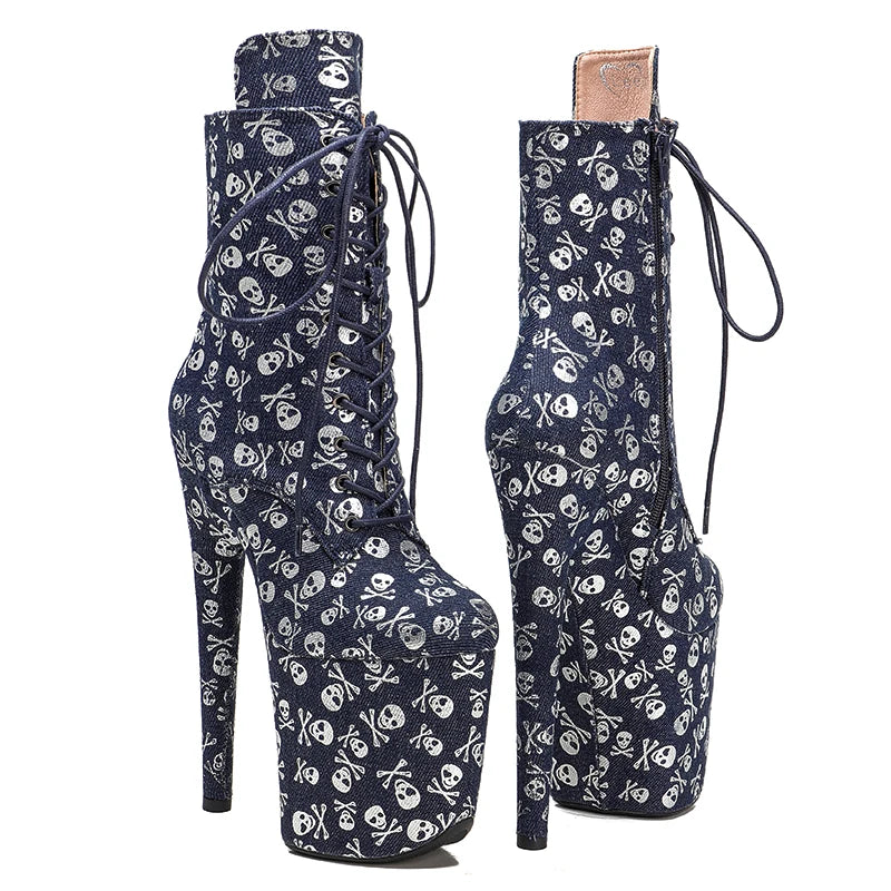 20CM/8inches Skull pattern Super High Heel Pole Dancing Ankle Boots Lacing Fashion Club Stage Performance High Heel 3B