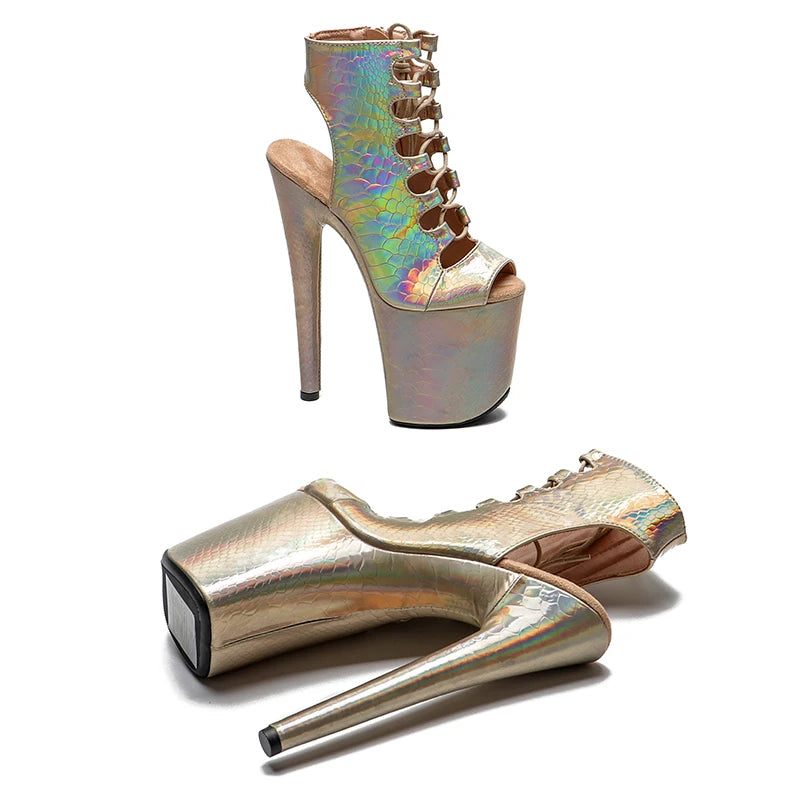 20CM/8inches Shiny Snake PU Upper open toe High Heel platform Pole Dance boot