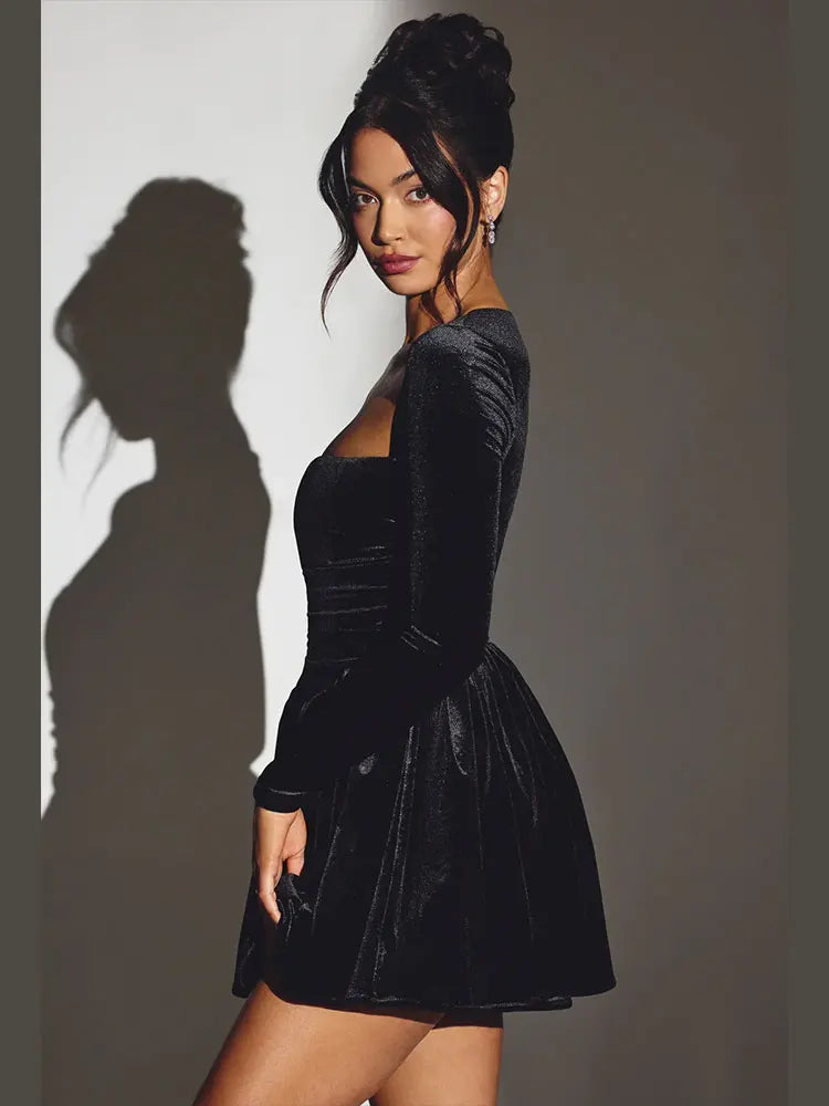Elegant Velvet Mini Dress Women Sexy Long Sleeve Bodycon A-lime dresses Vintage Slim Fit Luxury Party Evening Short Vestidos