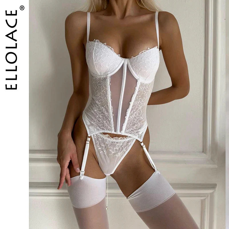 Ellolace Sexy Lingerie Super Hot Corset Lace Underwear See Through Casual Intimate Woman Extreme Sexy Outfit Elegant 3-Piece Set