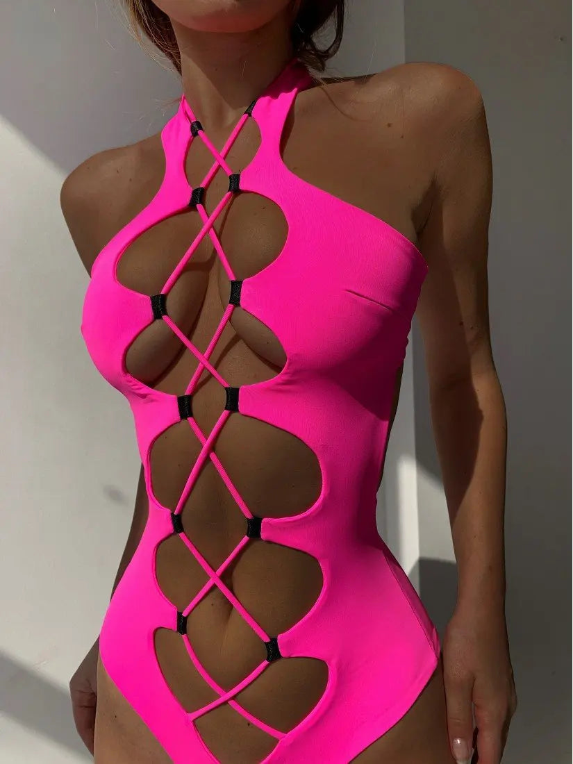Ellolace Bandage Women's Swimsuit Sexy Hollow Out Swimwear Extreme Microbikini One Piece Bodysuit Whole Halter Bathing Suit