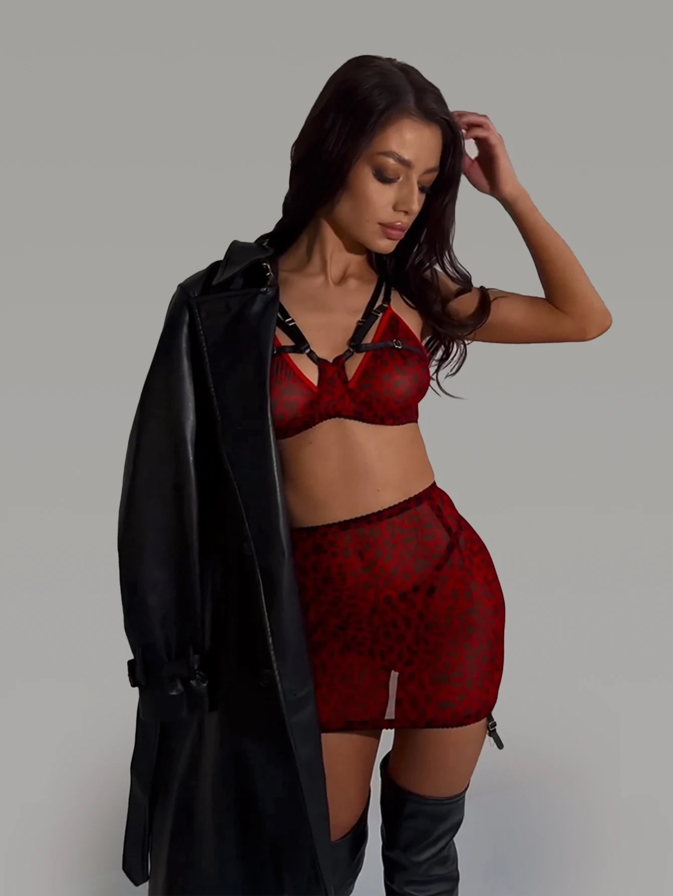 Traje de lencería de leopardo, ropa interior roja y negra, traje transparente de encaje, disfraces sexys, tirantes íntimos