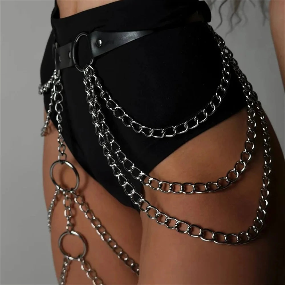 Body Waist Chain Gothic Punk Leather Harness Jewelry Belt Layered Belly Chain for Women Festival Rave Party Accessories