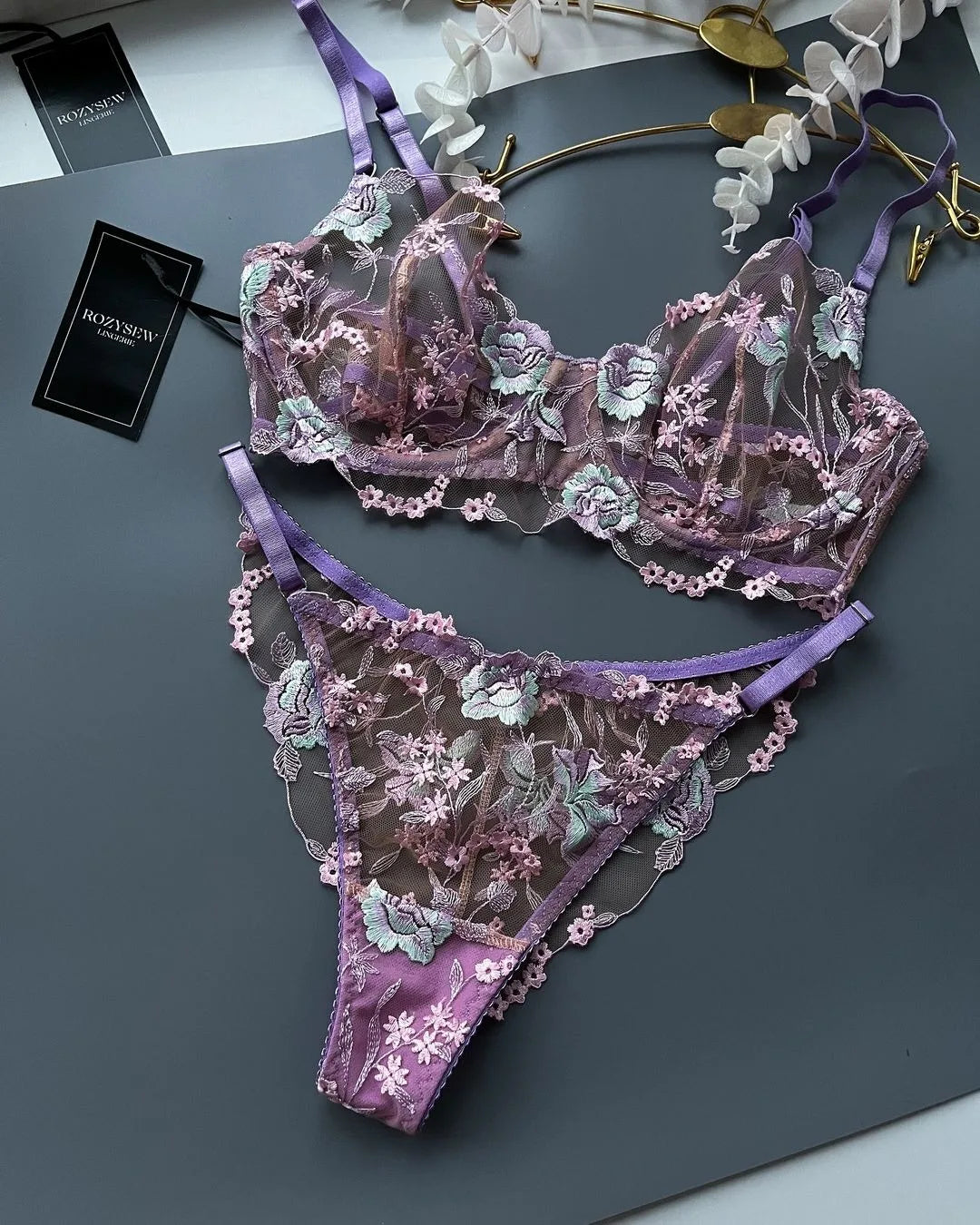 Ellolace Floral Fancy Transparent Bra Romantic Lingerie Sexy Bilizna For Sex Set Lace Erotic See-Through Underwear