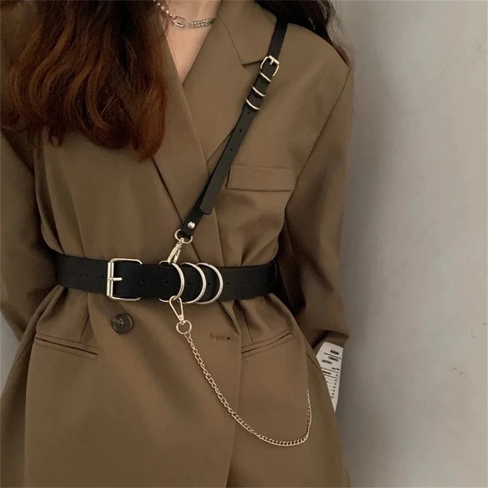 Gothic Handmade PU Leather Harness Belts Fashion Chain Leather Cage Vest Chest Sculpting Body Strap Waist Belt Cincher Harajuku