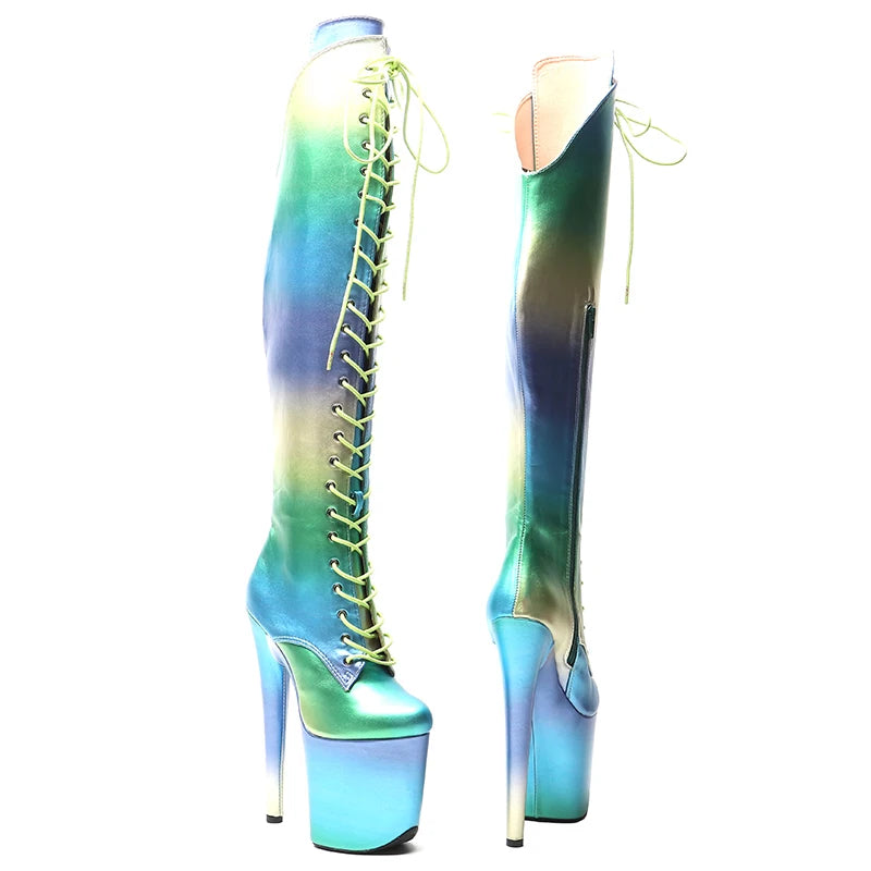 20CM/8inches Colorful PU Upper Women y Pole Dance Shoes High Heel Platform Lace up Thigh High Boots Pole Dance Boots
