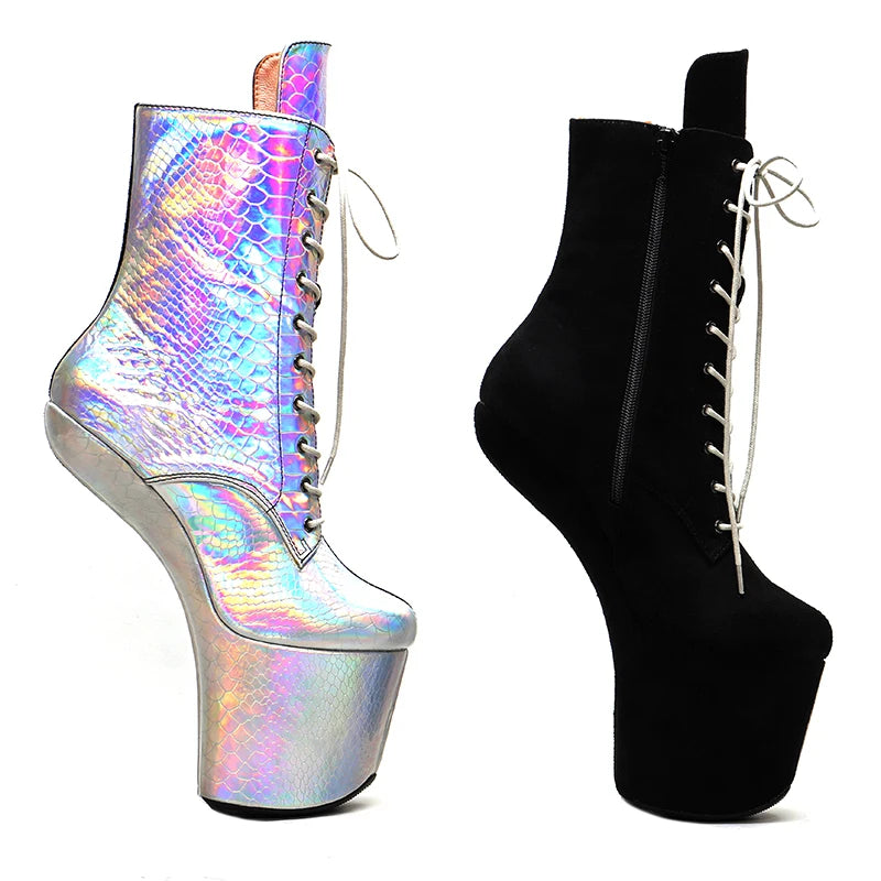 Silver with black upper Lace Up Ankle Boots y Exotic heelless pole dance shoes